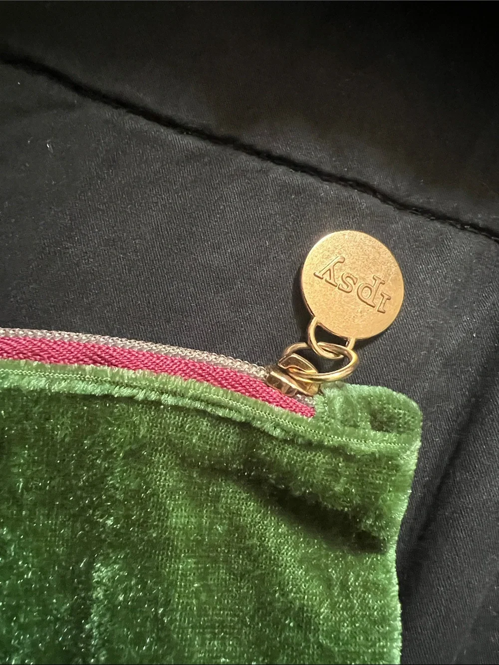 ipsy Green Velvet Makeup Pouch with Pink Trim